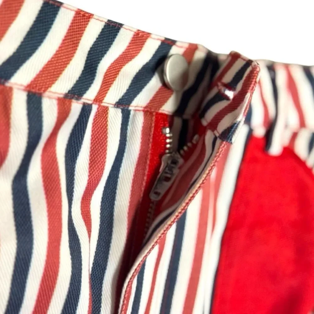 Denim Mini Skirt Patriotic Flag USA Red White Blue Striped Bow Pocket XL SO ME - Picture 10 of 13